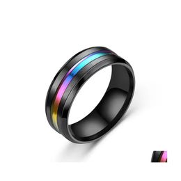 Band Rings Fashion 8Mm Mens Stainless Steel Ring Blue Red Colorf Groove Bevelled Edge Wedding Engagement Anniversary Jewellery Drop Deli Dhljh