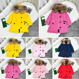 2023Kids Coat Baby Designer Clothes Down Coats Jacket Kid clothe With Badge Hooded Thick Warm Outwear Girl Boy Girls Classic Parkas 100% Wolf Fur Collar 6 Style Pink