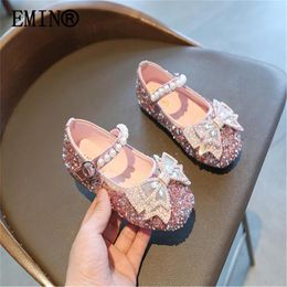 Flat Shoes Girls Crystal Leather 2023 Spring Soft Sole Children's Rhinestone Princess Single