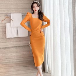 Casual Dresses Fashion Women Vintage Sexy Square Collar Puff Sleeve Midi Party Dress OL Elegant Temperament Bodycon Skinny Split