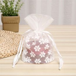 Storage Bags White Transparent Mesh Bag Drawstring Pocket Small Flower Embroidered Jewellery Object