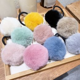 Small Solid Fur Ball With Elastic Rope Ribbon 5cm Handmade Hair Band For Kids Girls Hair Accessories 1490