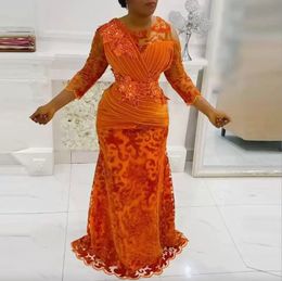 African Orange 3/4 Long Sleeves Evening Dresses With Lace Appliques Sheer Neckline Mermaid Prom Dress Aso Ebi Mother of The Bride Gowns