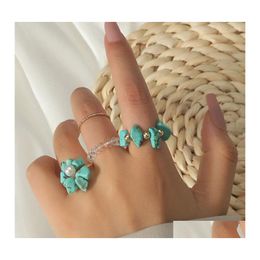 Cluster Rings 4 Pcs/Set Bohemian Ladies Gold Colour Metal Handmade Beaded Transparent Beads Green Stone Weave Flower Set For Women Gi Dhpgy