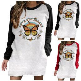 Casual Dresses Women's Multicolor Butterfly Print Loose Dress Round Neck Long Sleeve Mini With Pocket