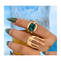 Cluster Rings Luxury Green Crystal Stone Joint Ring Sets For Women Men Charms Gold Alloy Metal Party Jewellery Anillo 2Pcs/Sets Drop De Dhozv