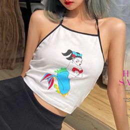 Women's Tanks Ins Retro Cartoon Halter Crop Tops Women Sexy Mini Tank 2023 Summer Arrival Korean Style Female Fitness White Top