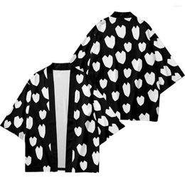 Ethnic Clothing Black White Love Heatr Printed Splicing Kimono Cardigan Men Japanese Traditional Casual Loose Coat Pants Asian Clothes