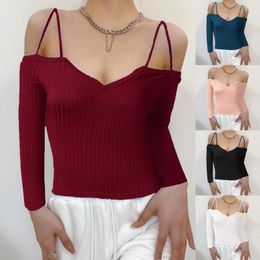 Women's T Shirts Women Sexy V Neck Solid Colour Off Shoulder Slim Fit Long Sleeve Sling Knit Top Summer Sports