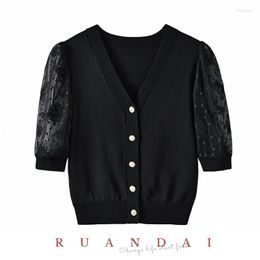 Women's Knits Tweed Short-sleeved Top For RUANDAI 2023 Summer Black Mesh Puff Sleeves V-neck Single-breasted Knitted Cardigan Women