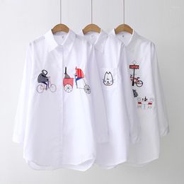 Women's Blouses 2023 White Shirt Casual Wear Button Up Turn Down Collar Long Sleeve Cotton Blouse Embroidery Feminina