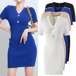 Luxury Designers Elastic Knitted Dress Women Mini Sweater short-sleeve dress mini dress gold-tone button royal blue hue V-neckline Y016