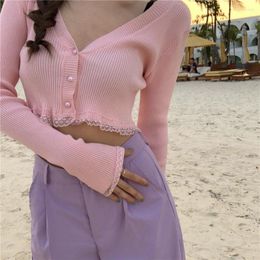 Women's Knits Kawaii Pink Sweater Women Streetwear Long Sleeve Crop Tops Spring Summer Knittwear Outfit Femme Cardigans G179