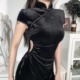Ethnic Clothing Gothic Cheongsam Summer Chinese National Style Vintage Slim Black Dresses Sexy Hollow Out Tight Split Fork Night Club