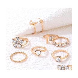 Cluster Rings Shiny Crystal Stone Flowers Joint Ring Sets For Women Charms Gold Alloy Metal Geoemtry Party Jewelry Drop Delivery Dhylg