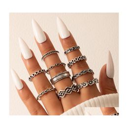 Cluster Rings Vintage Sier Colour Flowers Joint Ring Sets For Women Hollow Heart Alloy Metal Wedding Jewellery 10Pcs/Sets Drop Delivery Dhr3Y