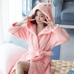 Women's Sleepwear Winter Coral Fleece Hooded Women Ladies Cartoon Animal Pyjamas Thicken Warm Flannel Soft Night Dress Female Nightgown