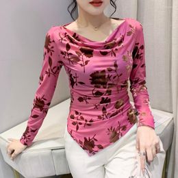 Women's T Shirts #7985 Black Green Pink Irregular Mesh Shirt Women Thin Elastic Vintage Off Shoulder Tight Long Sleeve Korean Style