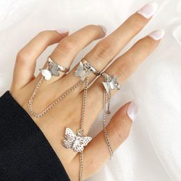 Cluster Rings Gold Silver Colour Hiphop Chain Combination Butterfly For Women Men Punk Opening One-piece Ring 2023 Fashion JewelryCluster