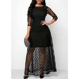 Casual Dresses Summer Style 2023 Women's Elegant Black Polka Dot Mesh Long Dress Slim Sexy Beach Ladies Patchwork Tulle Lace DressCasual