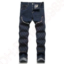 Novos jeans calças chino calças masculinas estiramento calças justas lavadas em linha reta magro bordado retalhos rasgado masculino tendência marca motocicleta jeans-f15