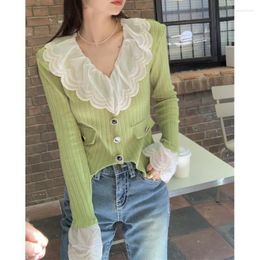 Women's Knits French V-neck Lace Stitching Knitted Cardigan Women 2023 Spring And Summer Ruffled Irregular Green Long-sleeved Tops