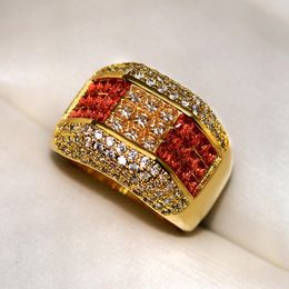 Wedding Rings 2023 Nwe Big Band Gold Ring With Bling Red Zircon Stone For Women Engagement Fashion Jewellery