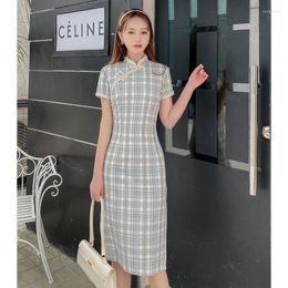 Ethnic Clothing 2023 Slim Blue Plaid Print Cheongsam Women Cotton Linen Short Sleeve Qipao Fashion Party Dresses