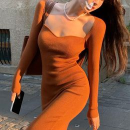 Casual Dresses Christmas Knitted Sweater Dress Green Long 2023 Women's Ribbed Vintage With Slit Warm Winter Corset Sleeve Elegant Sheath