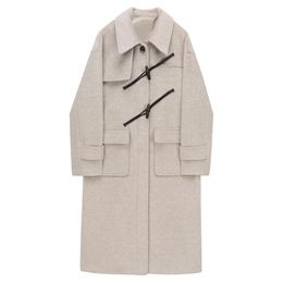 Women's Wool & Blends British Style Horn Button Oatmeal Woollen Overcoat Trench Coat Women Elegant Fashion Loose Casual Long Windbreaker Oute