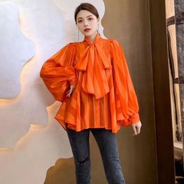 Women's T Shirts EWSFV 2023 Autumn Arrive Women Solid 6-colors Lace-up Collar Loose Top Korean Style Lantern Long Sleeve Bow Silk Satin