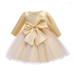 Girl Dresses 0-3-year-old Girl's Big Bow Princess Dress Baby Pearl Long Sleeve Mesh Flower Birthday Host Party
