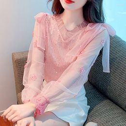 Women's Blouses 2023 Autumn Puff Sleeve Women Blouse Shirt French Bow Lace Sequined Embroidered Crochet Chiffon Tops Blusas