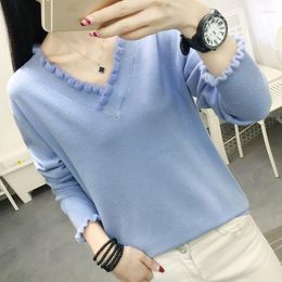 Women's Sweaters Blue V-collar Spring Fall Winnter Student Lady Pullover Warm Sweater Women Girl Pull Slim Top Outer Coat ClothW