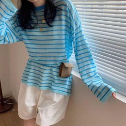 Women's Swimwear Korean Women Striped Sweater Cover Up Spring O-Neck Long Sleeve Knitwear Ice Silk Sun Protection Shirt Tops WDC8195