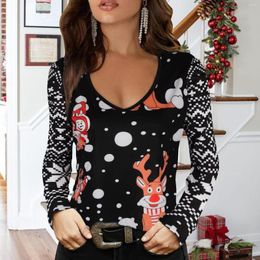 Women's T Shirts Women Christmas Printed Casual V Neck Long Sleeve Shirt Tops Women's Tee