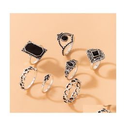 Cluster Rings Vintage Sier Colour Heart Joint Ring Sets Black Rhinestone Flowers Alloy Metal Jewellery For Women Men 7Pcs/Sets Drop Deli Dh8Ne
