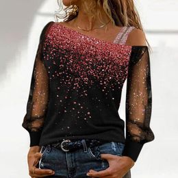 Women's T Shirts Women Fashion Sleeve Mesh Cold Tops Loose Shoulder Sequin Shirt Casual Long Print Splice Blouse Lightweight For