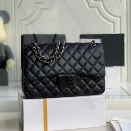 Jumbo Double Flap Bag - Top Tier Quality, Luxury Designer 30CM Real Leather Caviar Lambskin All Black Purse Quilted black leather handbag