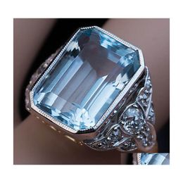 Wedding Rings Luxury Female Aqua Blue Crystal Ring Dainty Sier Color Big For Women Vintage Bride Square Zircon Engagement Drop Deliv Dhwvb