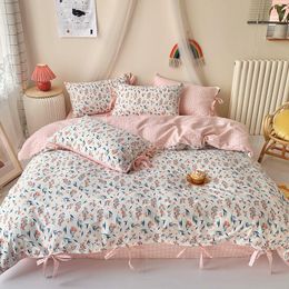 Bedding Sets Cotton Vintage And Little Fresh Floral Pastoral Lace-up Four-Piece Set Girl's Heart Bed Sheet Quilt Cover