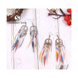 Dangle Chandelier Vintage Ethnic Rainbow Feather Earrings For Women Gold Long Chain Tassel Earring Wedding Jewellery Drop Delivery Dhmbc