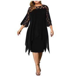 Casual Dresses Plus Size Lace Splicing Chiffon For Women 2023 Solid Colour Elegant Evening Party Dress Ruffles Cut Out Sleeve VestidosCasual