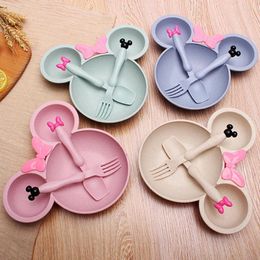 Plates Wheat Straw Bowl Children Cartoon Tableware Set Baby Dinner Plate Training Spoon Fork For Kids Without Retail Box