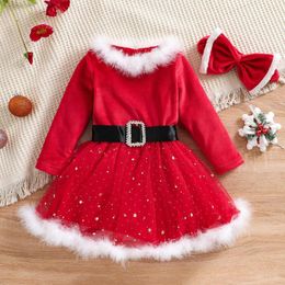 Girl Dresses Little Girl's Long Sleeve Dress Christmas Red Velvet Mesh Yarn Stitching A-line With Headband Xmas Feather Neck