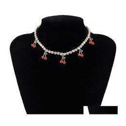 Pendant Necklaces Design Charm Rhinestone Cherry Necklace For Women Statement Tennis Chain Choker Crystal Collar Girls Hiphop Jewelr Dhrbq
