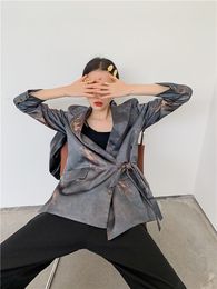 Women's Suits & Blazers Japanese Style Lace Up Designer Blazer And Jackets Gray Satin Loose Kimono Coat Fall 2023 Women High Fashion Clothin