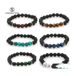 Beaded Strands 6 Designs Lava Rock Beads Charms Bracelets Natural Essential Oil Diffuser Elastic Bracelet Volcanic Beaded Hand Stri Dhie0