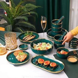 Plates Nordic Luxury Light Ceramic Plate Gift Box Set Household Tableware Ordinary Bowl Western Meal Green Meal.