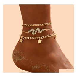 Anklets Fashion Jewelry Snake Pendant Anklet Star Vintage Three Layer Figaro Chain Beach Set Drop Delivery Dhwud